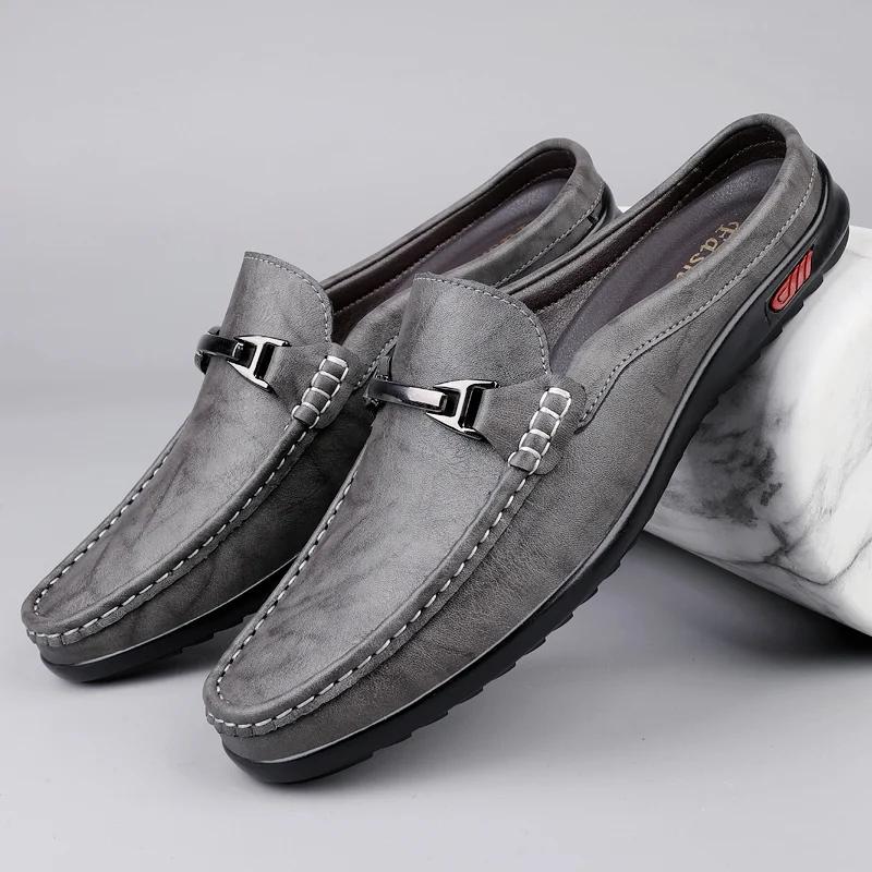 Hot Sale Mens Casual Muller Shoes Business Leather Men Half Slippers Summer Breathable Half Drag Slip-on Lazy Loafers Moccasins