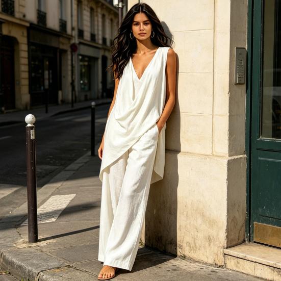 2 Piece Sets for Women, Irregular Hem Casual Sleeveless V Neck Top And Wide Leg Pants Summer Lounge Matching Outfits