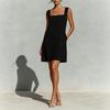 Women Square Neck Sleeveless Shift Dress Casual Summer Solid Color A Line Dress with Pockets