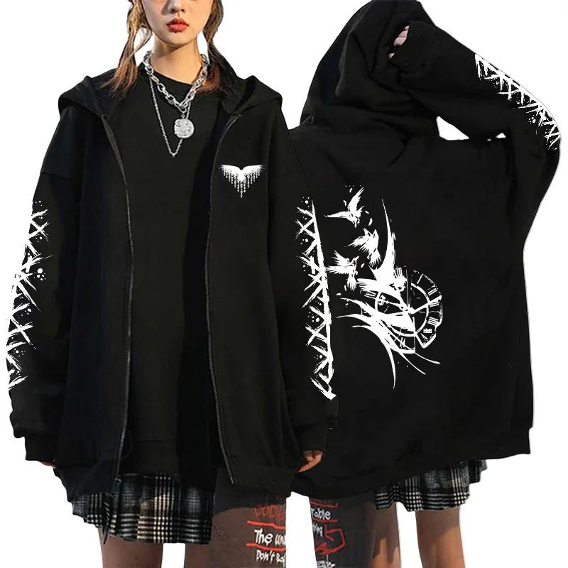 

Modische Schwarze Hoodies, Übergroßes Damen-Kapuzenpullover, Winter, Warm, Wikinger-Raben-Design, Reißverschlussjacke, Lässig, Y2K-Streetwear XXXL