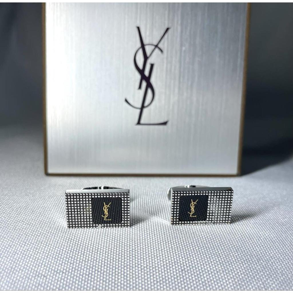 Used YVES SAINT LAURENT YSL Silver & Gold & Black Square Vintage Cufflinks Cufflinks Button with Case