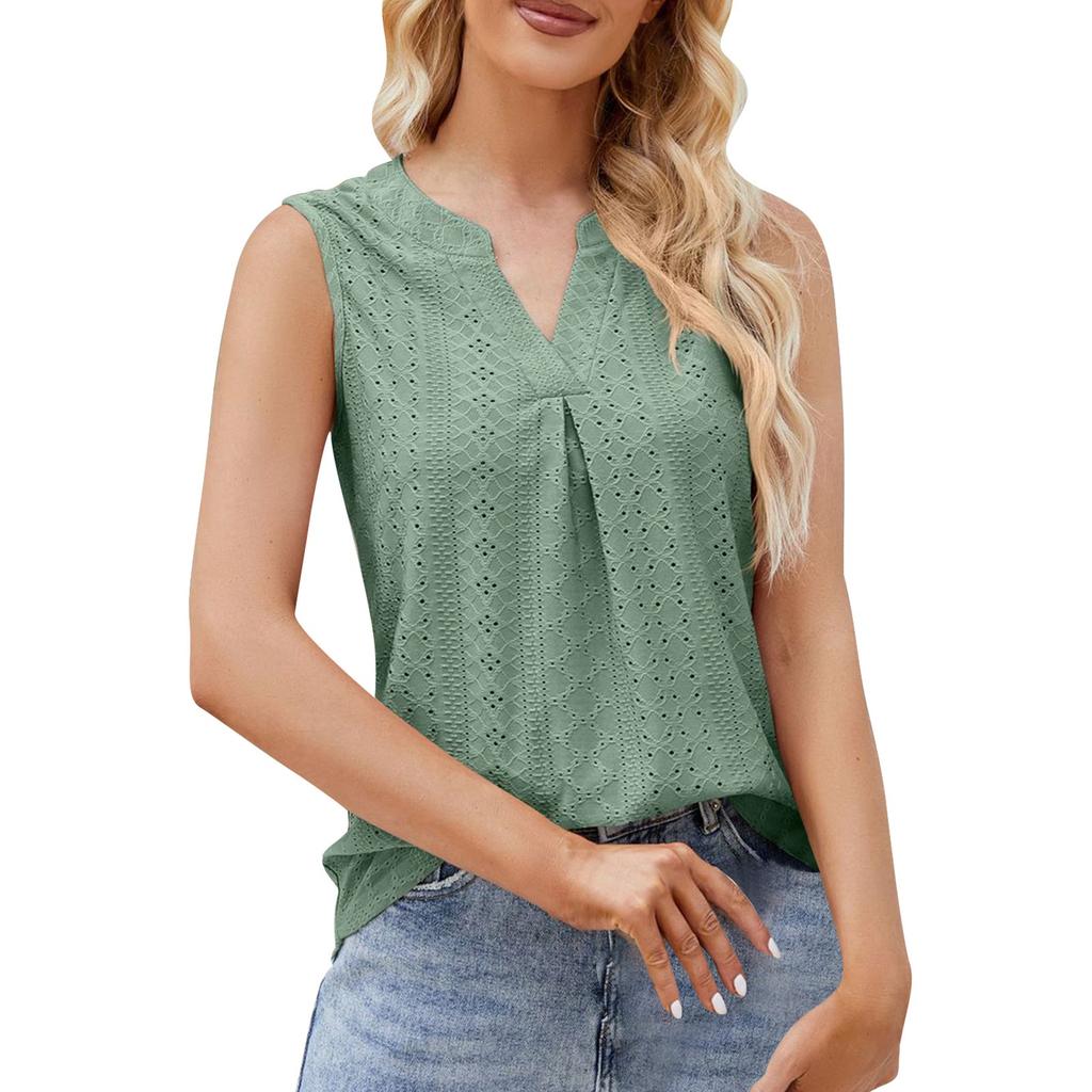 Women Sleeveless V Neck Eyelet Hollow Out Tank Top Pleated Blouse Lightweight Summer Casual Shirt
