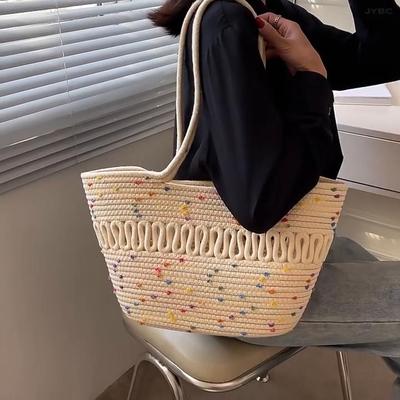 Pletacie súpravy Látková Khaki plážová taška Veľkokapacitná Ručne vyrábaná slamená taška Jar Leto Dovolenka Taška na voľný čas Dámska taška Nákupná taška