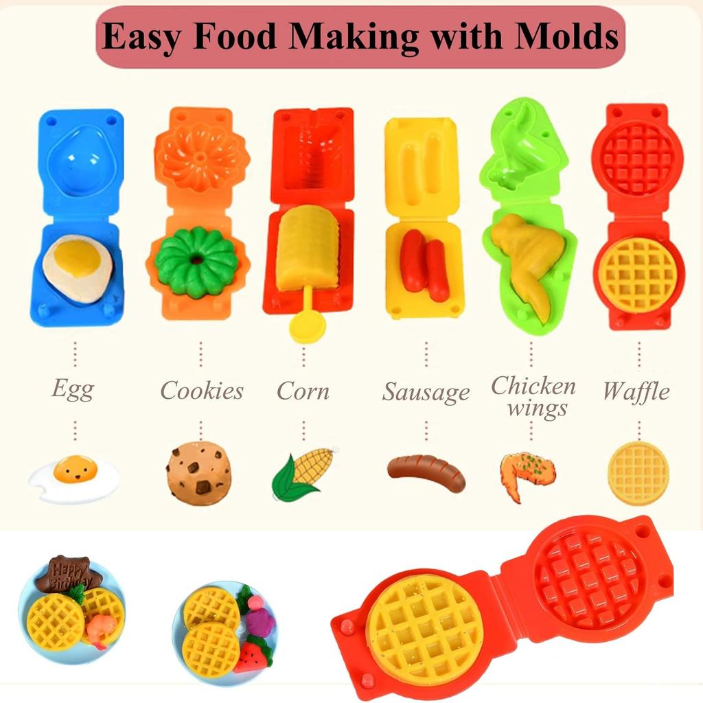 Color Dough Set Kitchen Creations Waffle Pizza Burger Maker Pretend Chef Toy Play Food Modeling Tools Kit with 12 Colors Wheat Doughs for Kids Girls