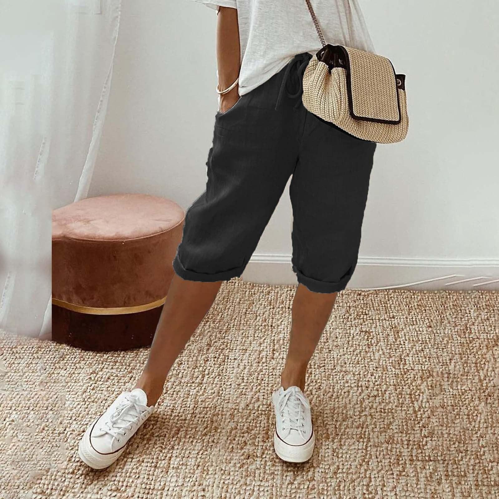 

Женские льняные шорты, повседневные шорты с высокой талией, шорты на шнурке с карманами XXXL чёрный