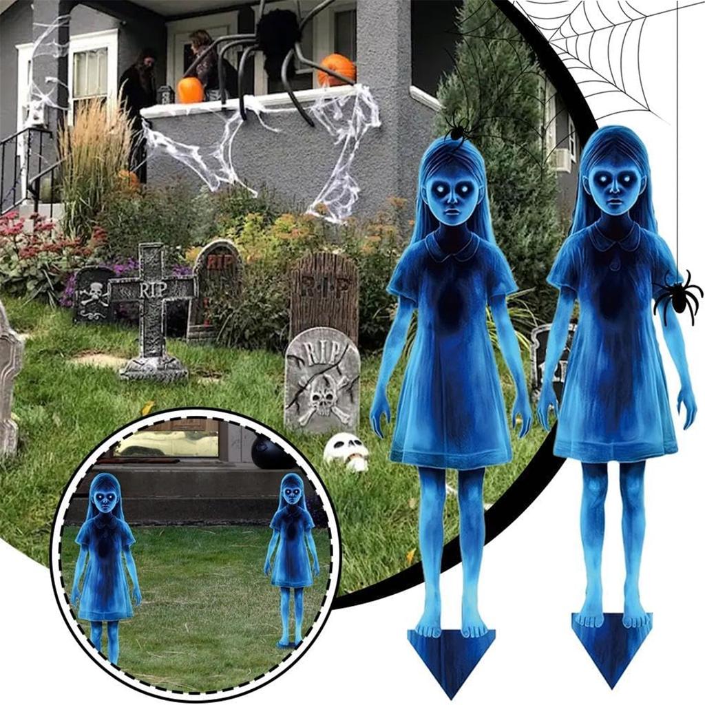 Horror Twin Girls Halloween Yard Stakes 15.75in Rustproof Iron Lawn Decorations For Outdoor Cemetery Party Supplies