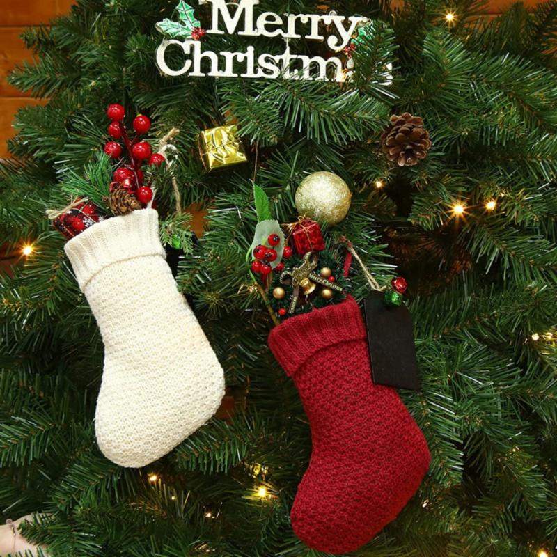 1PC Christmas Knitted Stockings Decor Festival Gift Bag Fireplace Xmas Tree Hanging Ornaments Decor Red White Christmas Sock red