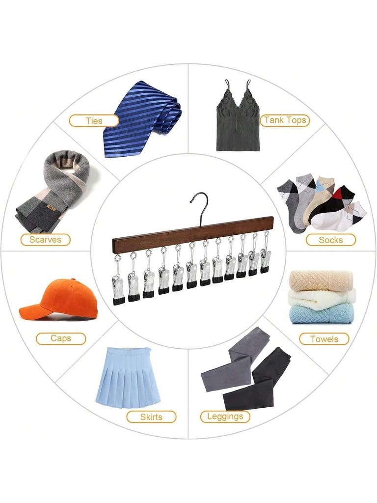 1 12clip Wooden Hat Hanger, Household Storage Rack for Underwear, Tie, Shirt, Scarf, Belt Etc, Bathroom, Bedroom, Wardrobe