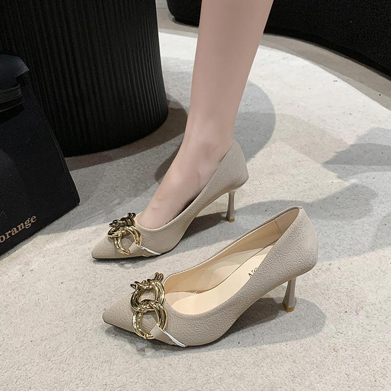 High Heels Women's Autumn and Winter New Metal Chain Foot Cover Women's Shoes Temperament Shallow Mouth Thin Heel Pointed Single Shoes Women