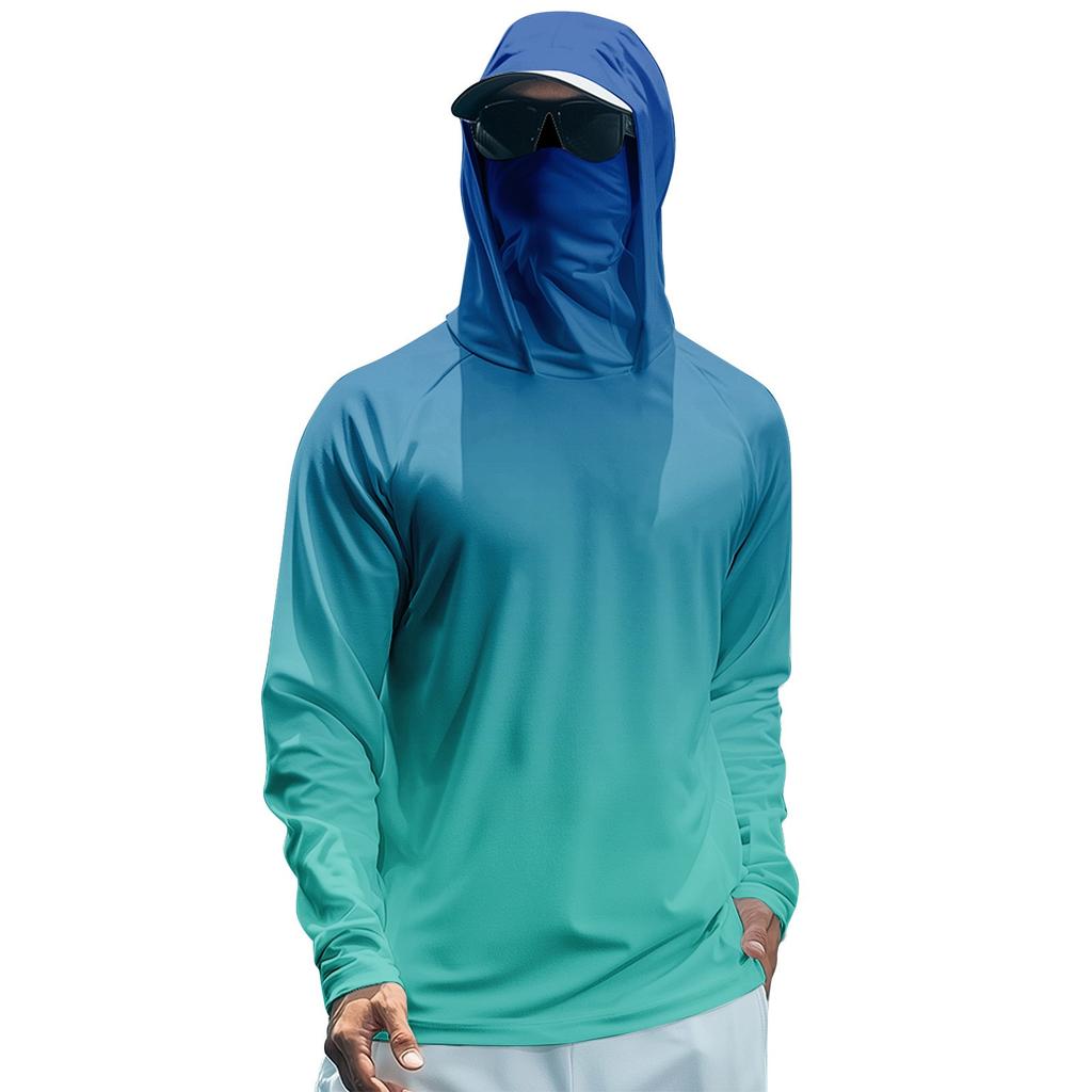 Men's Summer Gradient Color Quick-drying Long-sleeved T-shirt Sun Clothing Fishing Fitness Sports Hooded Long-sleeved Top