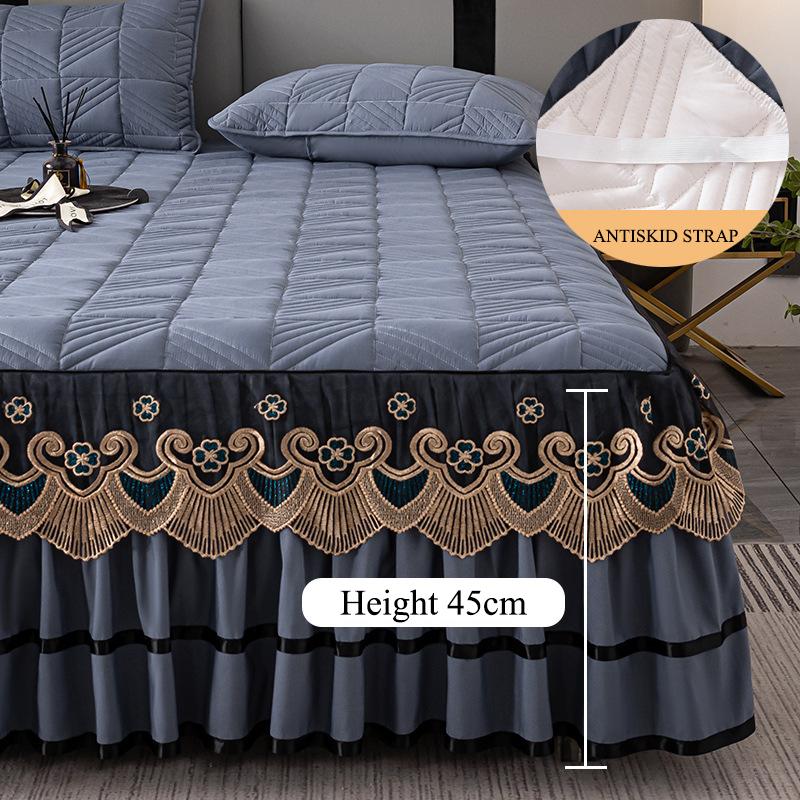 Elegantní prošívaná zesílená sukně na postel Třídílná sada King Queen Size Přehoz Protiskluzový povlak na postel s povlakem na polštář