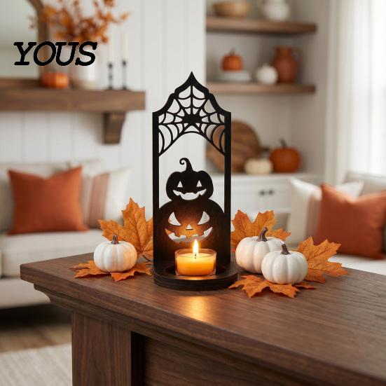 Festive Atmosphere Lighting Halloween Candle Holder, Gothic Hollow Silhouette Holder for Tea Lights, Dark Decorative Ghost Style Pumpkin Cat