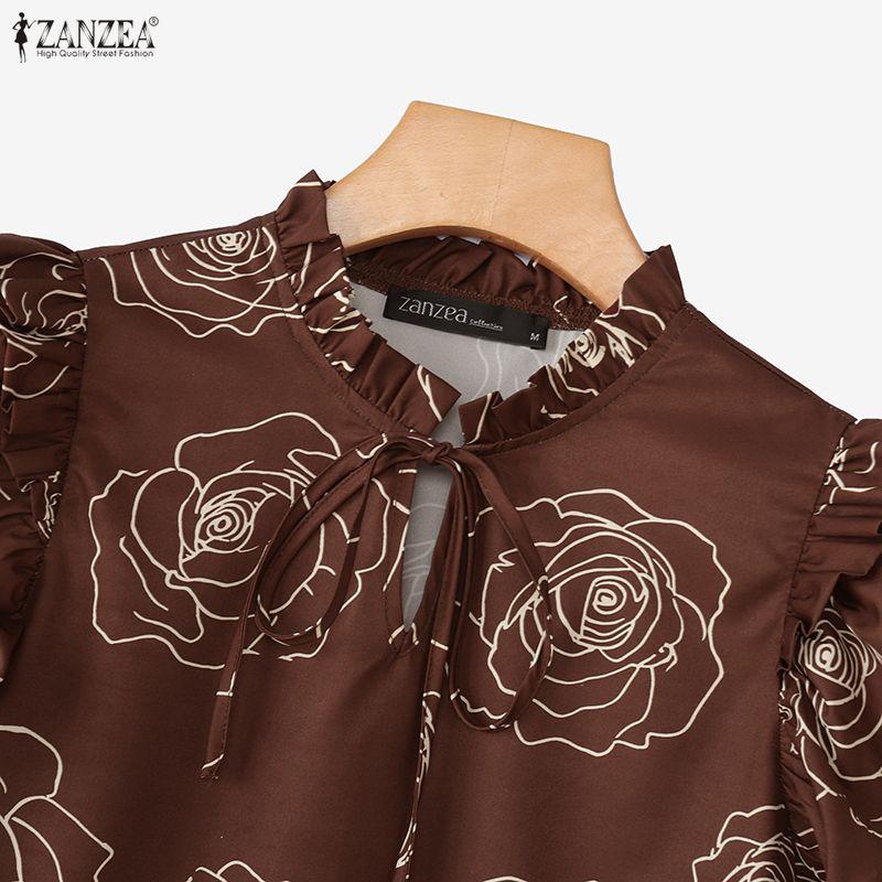 ZANZEA Womens Casual Round Neck Ruffles Short Sleeve Loose Print Blouse