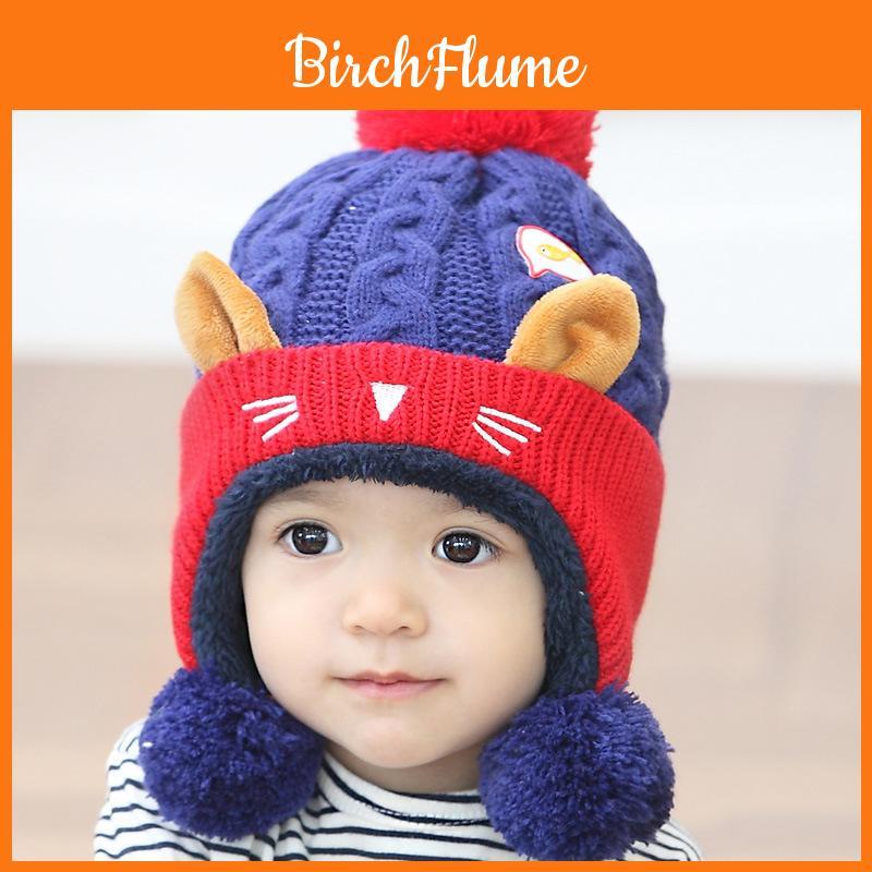 Cozy Baby Knitted Hat For Winter With Cute Cat Design Thickened Plush Ears Suitable For Boys And Girls Aged 5 To 24 Months Available In Red Yellow