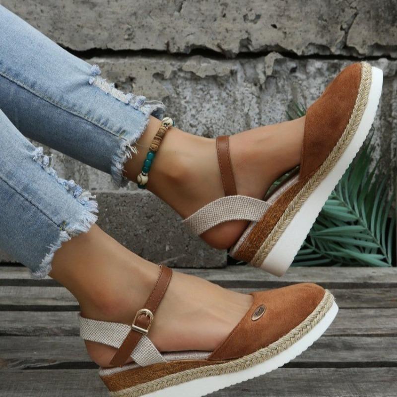 New Fashion Plus Size Women's Closed Toe Wedge Heel Thick Sole Hemp Splicing Roman Sandals