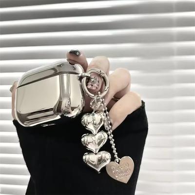 Estuche de lujo para auriculares Apple Airpods Pro2, plateado galvanizado, funda para AirPods 4, 1, 2 y 3, llavero con forma de corazón abstracto simple.