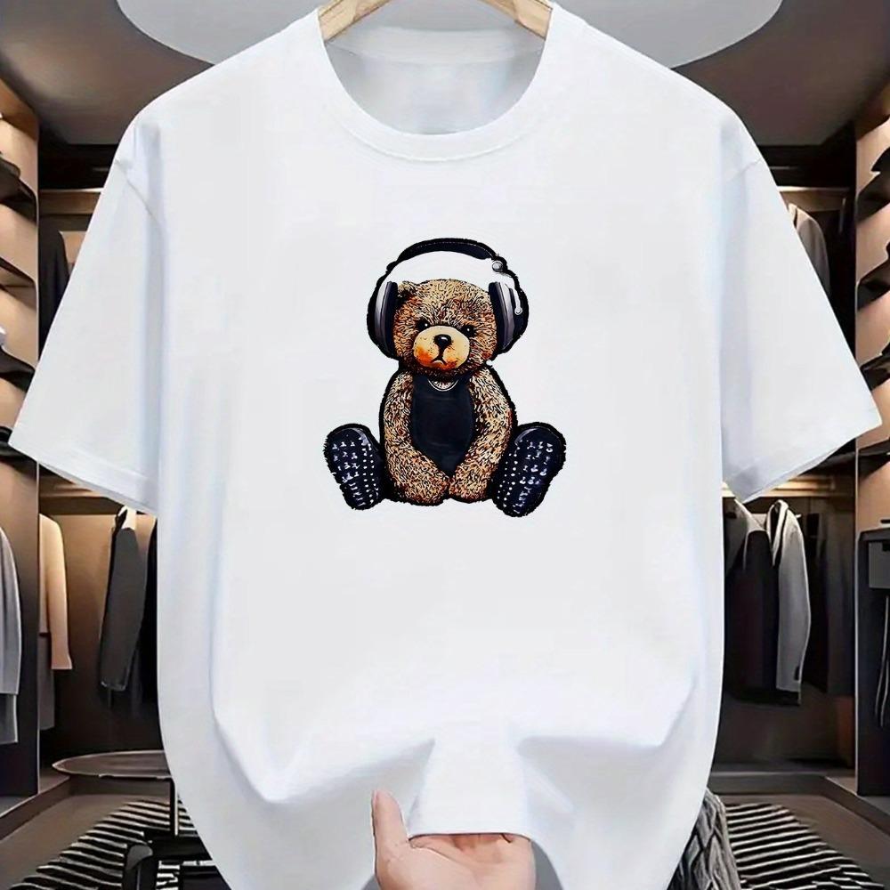 Men's Summer Cotton Fashion Casual Sports Loose Music Bear Pattern Printed Round Neck Short Sleeve T-shirt Top