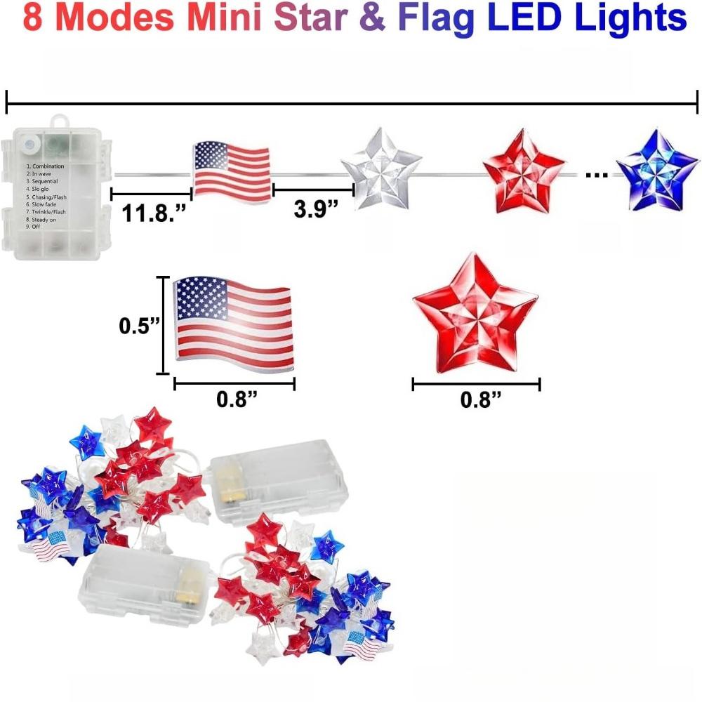 30 LED Patriotic String Lights Red White Blue Star Flag Fairy Lights Battery Operated 8 Modes Remote Timer for 4th July Memorial Day Decor
