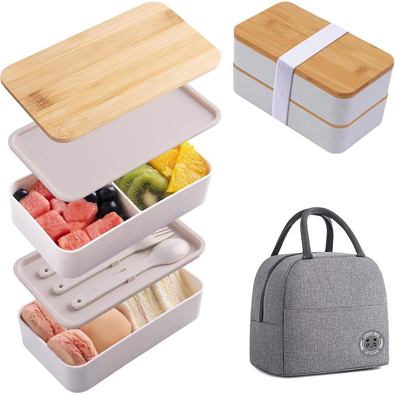 Japanese Bento Box with Bamboo Lid Stackable Lunch Box Lunchable Container with Utensil Set Rectangle Meal Prep Containers белый