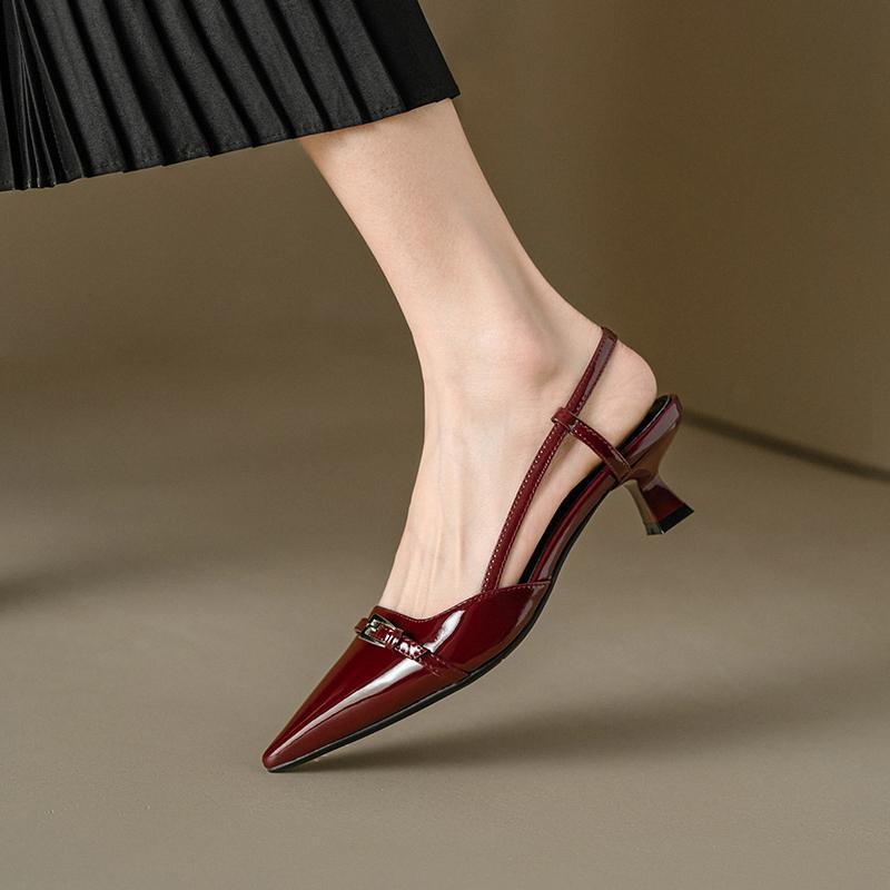 Baotou Sandals Women's Summer New Patent Leather Pointed Middle Heel Cat Heel Shoes French Temperament Small High Heels Empty Single Shoes