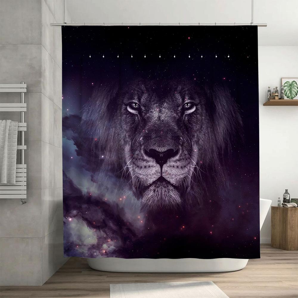 Starry Night Animal Shower Curtain Black Lion Print Waterproof Fabric 3D Decoration for Bathroom Decorations