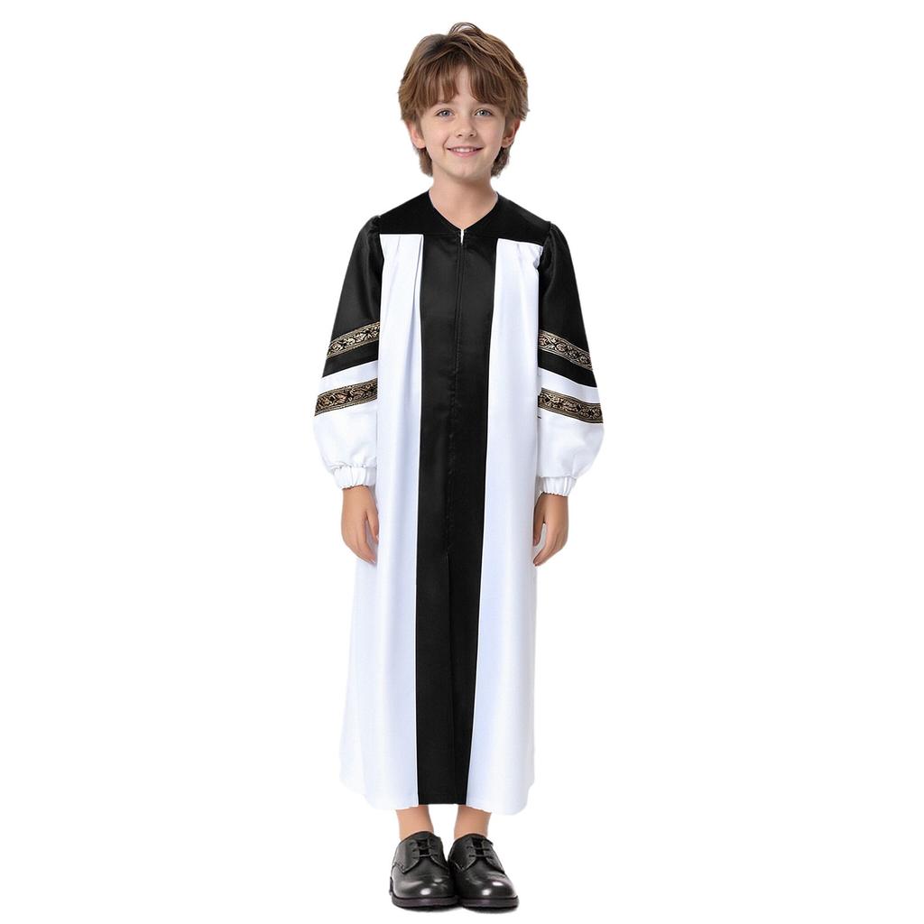 Kinderen Halloween Kostuum Priester Gewaad: Color Block Ritssluiting Badjas met Geborduurde Strepen voor Koor Themafeest