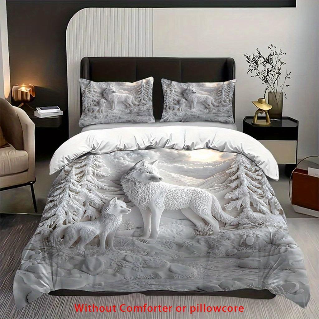 2/3 Stück 3D Weißer Wolf Tierdruck Bettbezug Set, Wolf Wald Natur Thema Bettwäsche mit Kissenbezügen für Schlafzimmer Wohnheim Gästezimmer