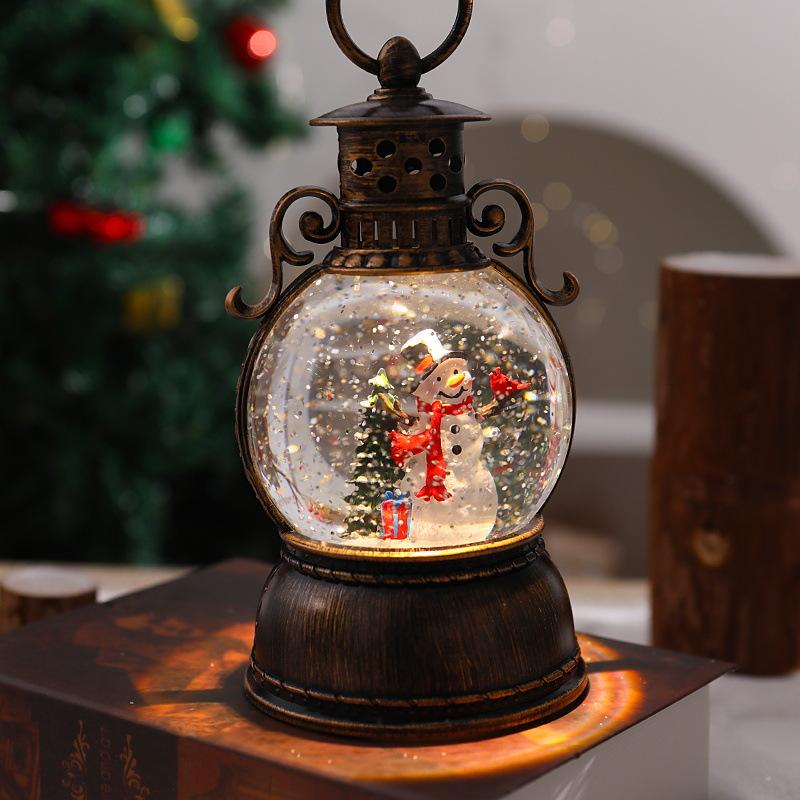 Christmas glowing music box with falling snowflakes, crystal ball, retro scene decoration, portable lantern, Santa Claus ornaments
