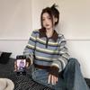 Ausländischer Retro vielseitiger Strickpullover mit Polokragen Damen Herbst und Winter locker und dünn Kontraststreifen