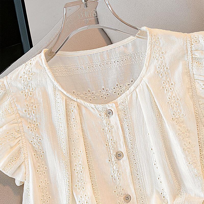 Silbeishi Women's 2026 Summer Flutter Sleeve Hollow-out Round Neck Blouse