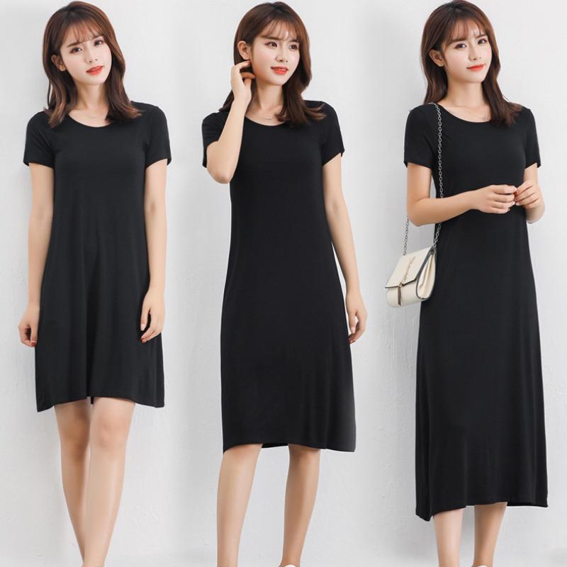 Summer Casual Short Sleeve Dresses for Female Solid Color Round Necked Dress High Waist Dress Basics Clothing Women's Commuter Fashion Dresses