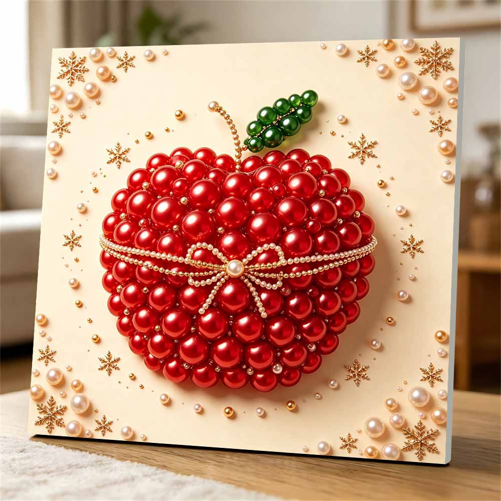 Premium Framed Pearl Art Kit with Shiny Red Apple and Snowflake Design 5D Sparkling Bead Canvas DIY Relaxing Craft for Home Wall Decor Gift