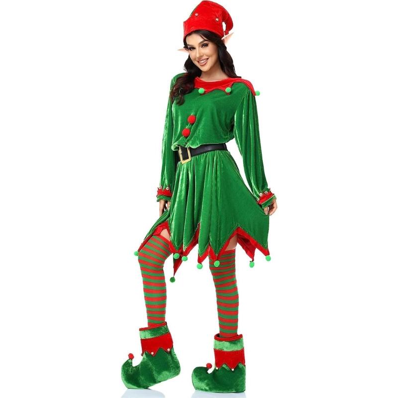 Adult Christmas Elf Costume Belt Dress Elf Ears Stripe Thigh High Stockings Elf Hat Boot for Christmas Cosplay Accessory