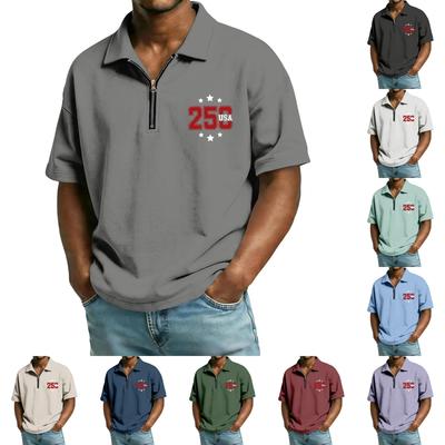 Men's Casual Loose Fit Short Sleeve Polo Shirt with Zipper Collar and USA Independence Day Print Suitable for Everyday Wear