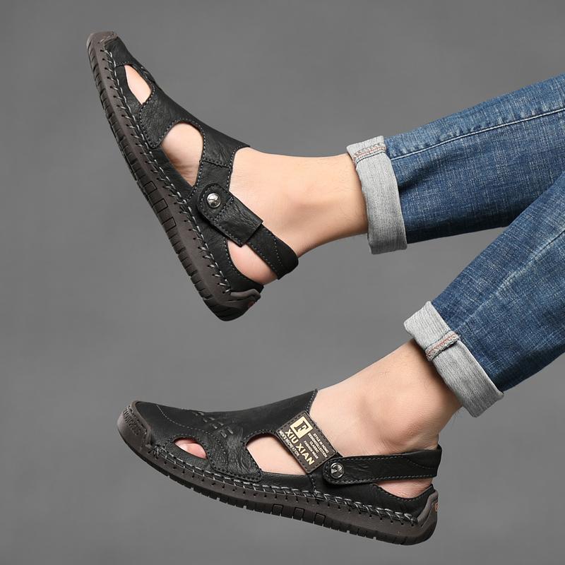 Men Sandals Black Leather Slippers Outdoor Summer Hiking Sandals Wide Head Beach Shoes for Father Plus Size