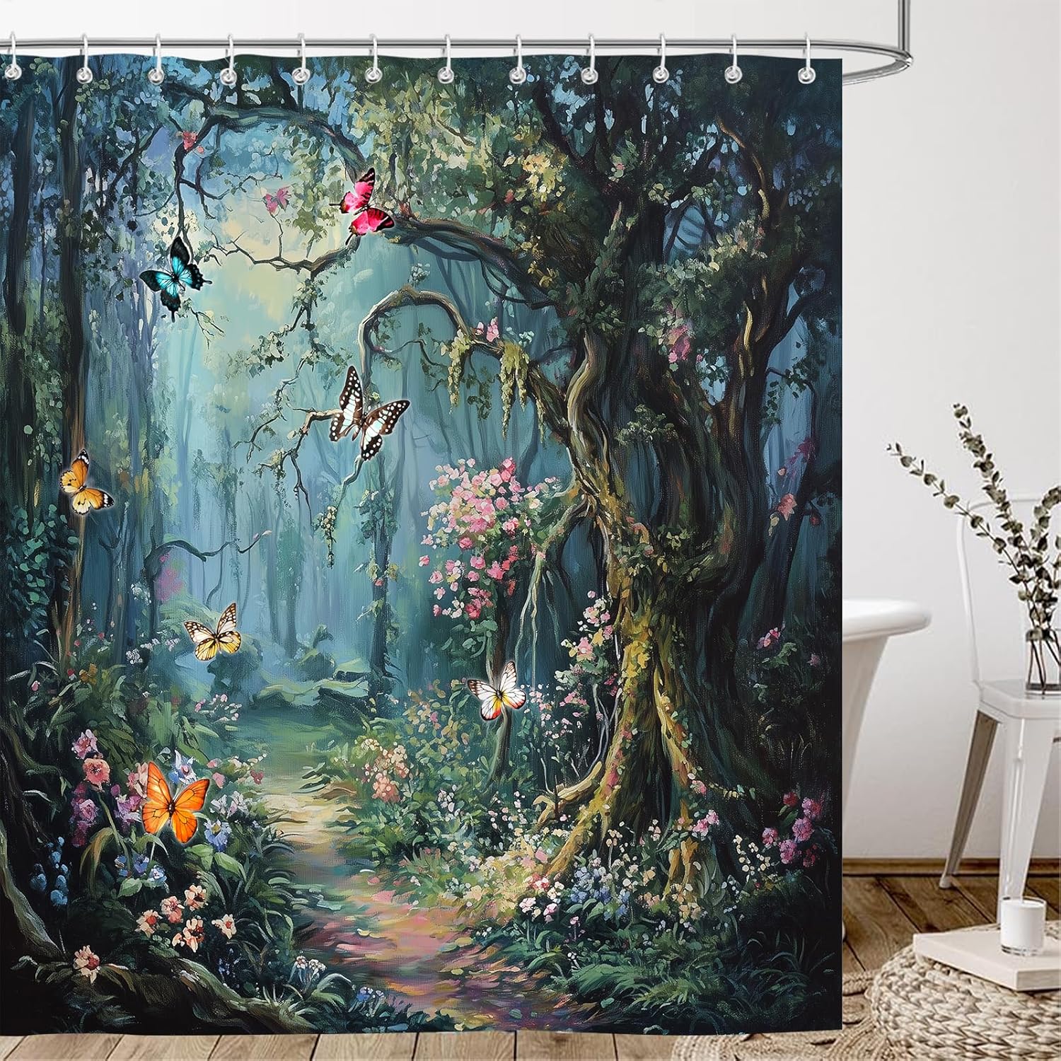 

Enchanted Forest Shower Curtain With Butterflies And Flower Path Magical Nature Scene Water Resistant Fabric Artistic Print Home W60H190(CM)-1 Pcs