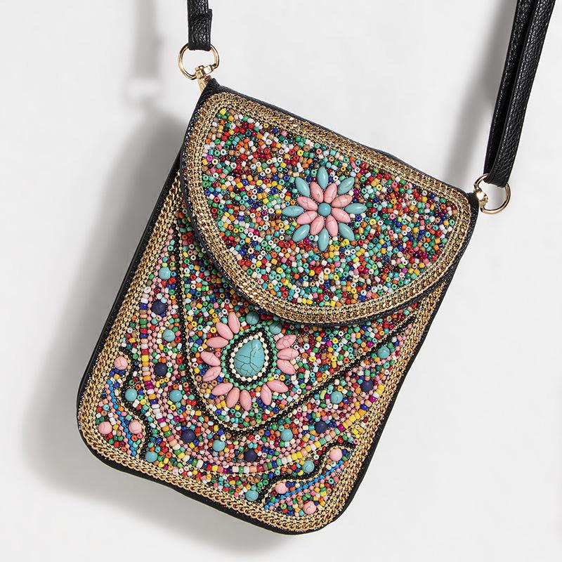 Exquisite Bohemian Style Crossbody Bag with Rice Beads, Shells, and Flowers