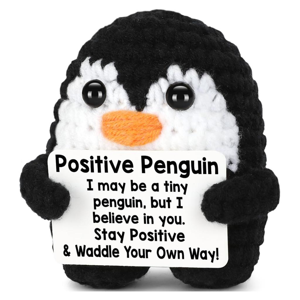 Penguin Positive Crochet Animals Doll With Card Desktop Ornament Emotional Support Handmade Knitted Cheer Up Toy
