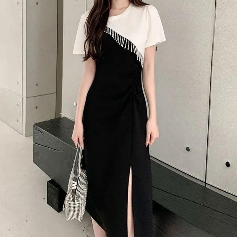 Contrasting Colors Patchwork Tassel Dresses Stylish Split Summer Elegant Folds A-Line Casual O-Neck Midi Dress