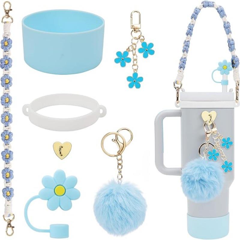 Straw Cap Silicone Insulated Cup Sleeve with Handheld Rope & Flower Pompon Pendant Set