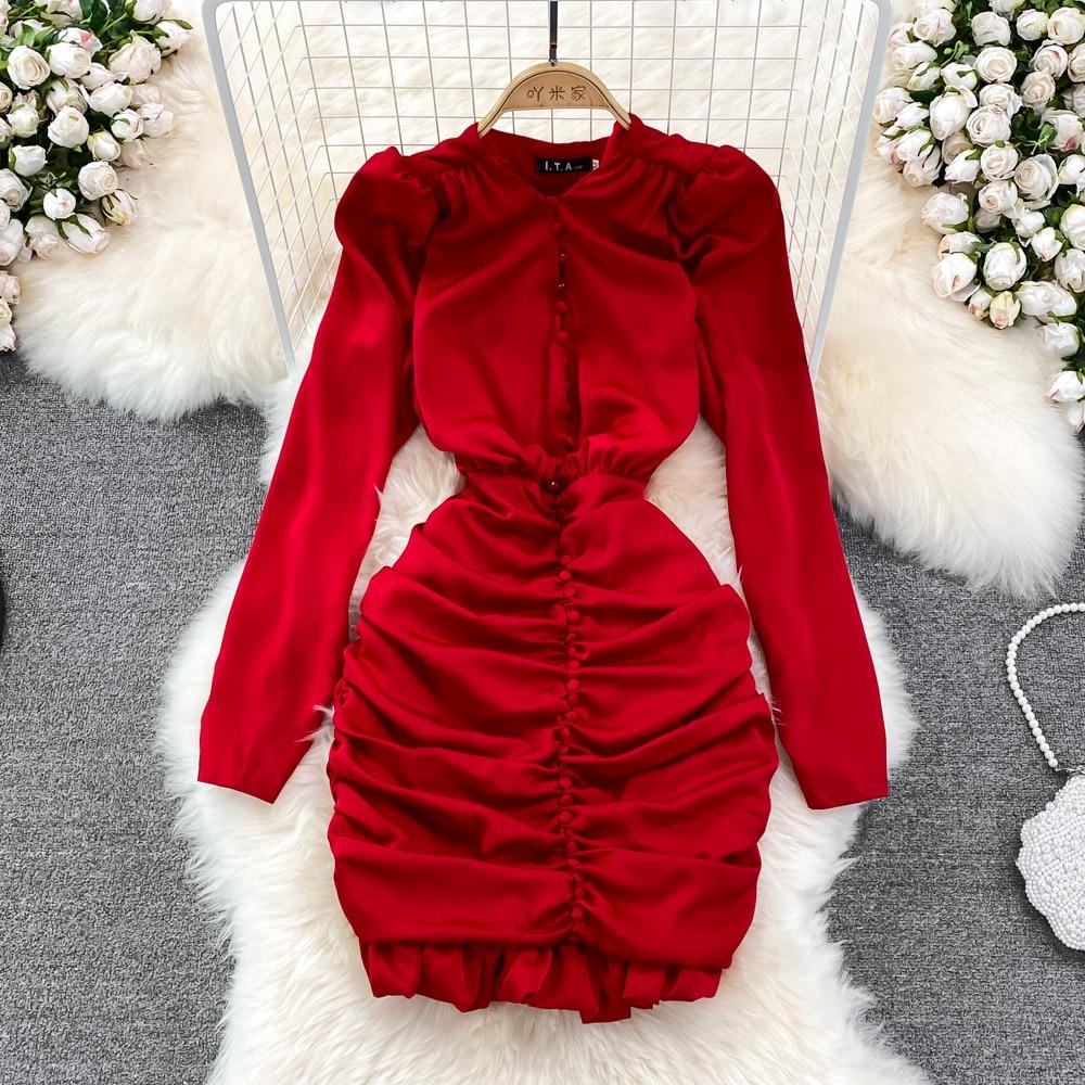 RUGOD High Quality Sexy V-neck Dress Spring 2025 New Slim Slim Pleated Ruffle Hip Wrap Short Dress Single-breasted