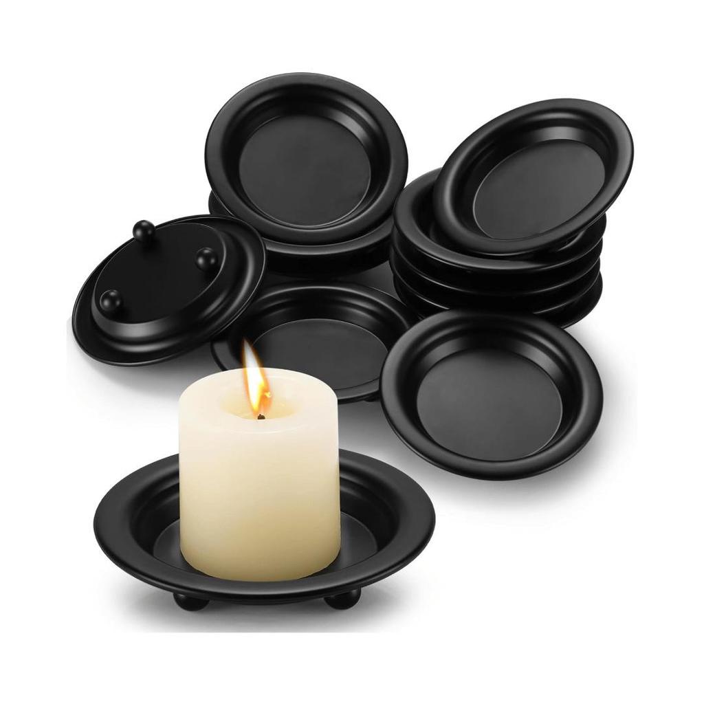 4 Pieces Matte Black Iron Candle Plate Decorative Wedding Saucer Style Candle Holder Tray Metal Pedestal Candle Stand for Spa Table Centerpiece