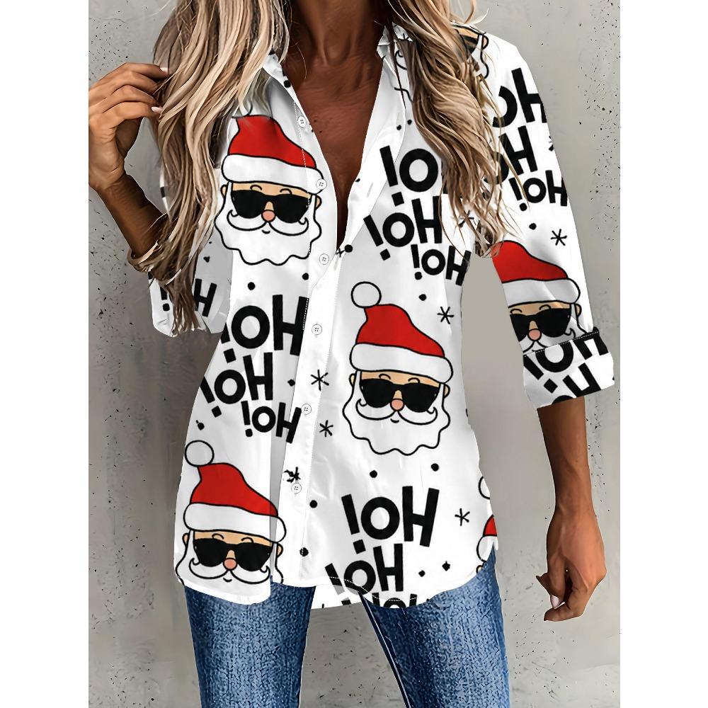 Women's Long Sleeve Shirt Fun Print Loose Print Shirt Santa Style Girls Long Sleeve Lapel Shirt