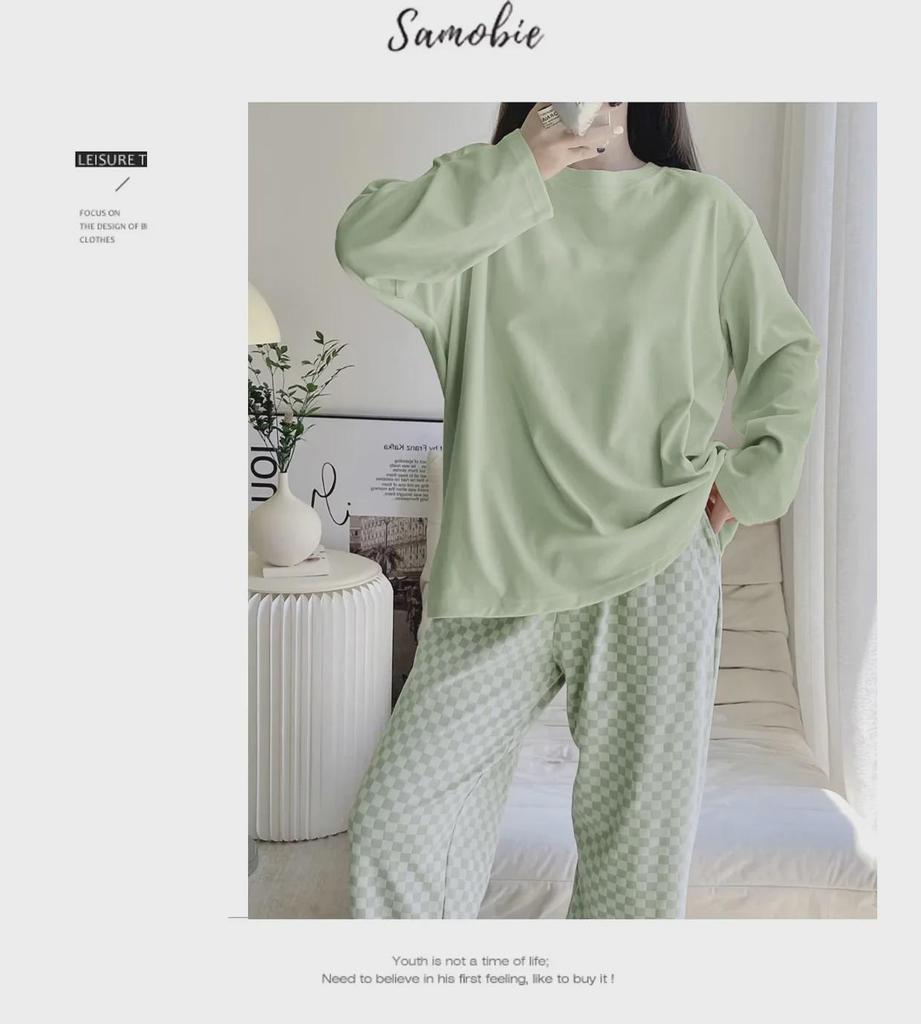 Women's Milk Silk Checkerboard Pajama Set - Round Neck, Long-Sleeve, Self-Contained Breast Pads for Spring and Autumn