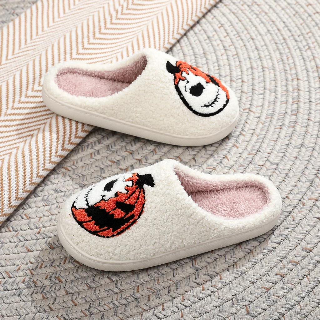 Fashion 2024 Halloween Pumpkin Pattern Embroidery Slippers Men Women Autumn/winter Furry Couple Cotton Slippers Non-slip Indoor Slippers