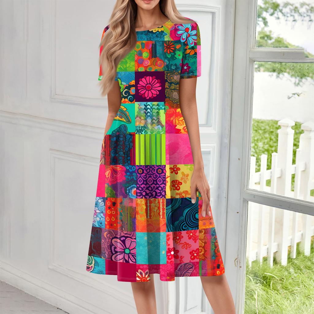 Women Casual Printed Round Neck Short Sleeved Long Dress