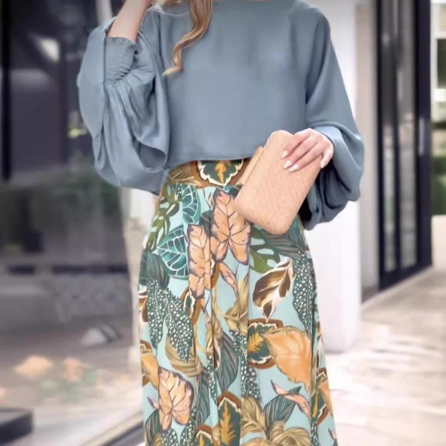 Women's Summer New Foreign Style Set, Lantern Sleeve Loose Top with Printed Wide Leg Pants Outfit