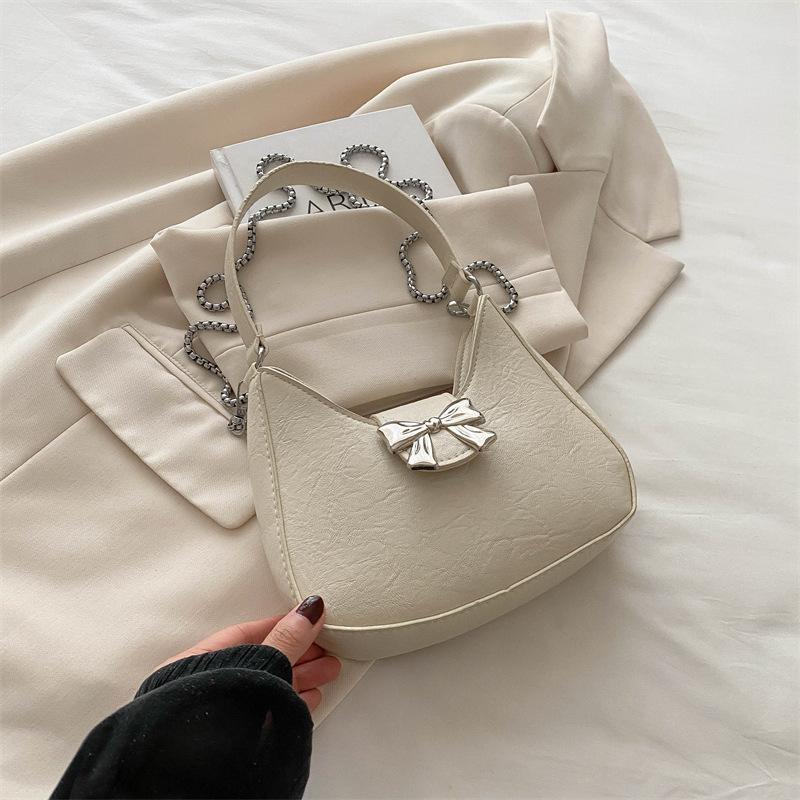 Sweet Solid Color Bow Handbag Women's 2025 New Trendy Fashion Niche Underarm Bag Chain Messenger Bag
