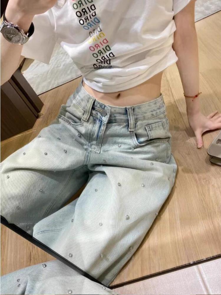 Y2k Harajuku Vintage Baggy Blue Jeans Women Retro Nail Drill Design High Waist Denim Trousers Korean Fashion 90s Aesthetic Wide Pants Streetwear