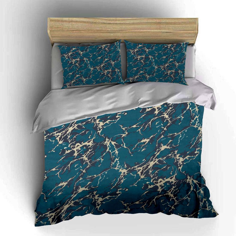 3Pcs Teal Marble Pattern Bedding Set, Abstract Fluid Print Duvet Cover + 2 Pillowcases, Modern Decor